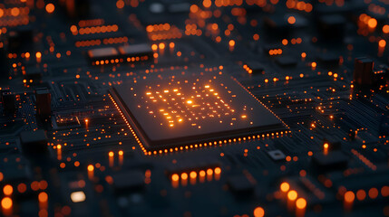 Poster - Close-up view of a microprocessor on a circuit board, illuminated with glowing orange lights on a dark background.