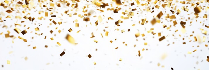 Poster - Golden confetti raining down on a clean white background. Perfect for Christmas, New Year's Eve, and holiday greetings.