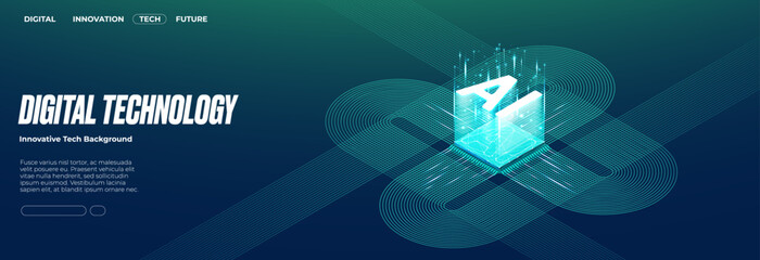 Fototapete - AI semiconductor or chip with thin line circuit on technology background. Blue green tech bg. Digital computer electronics concept. Artificial Intelligence banner. Futuristic vector illustration.