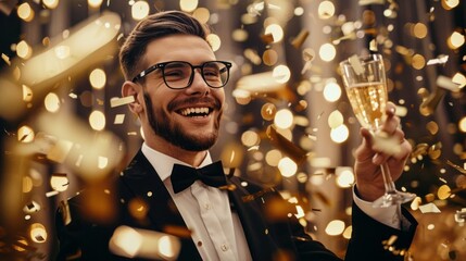 A man in a suit and tie is holding a glass of champagne and smiling. Concept of celebration and happiness