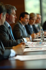 a boardroom meeting with executives in suits discussing quarterly results