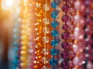 Poster - Colorful decorative beads hang in stunning array, creating a vibrant visual display with blurred background for artistic impact.
