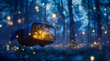 Poster - A virtual reality headset in a mystical forest surrounded by glowing lights, creating an enchanting atmosphere.