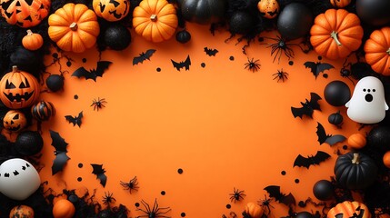 Poster - Top view of Halloween holiday card party decorations featuring vibrant pumpkins spooky bats creepy spiders playful ghosts all set bright orange background Flat lay style for a festive greeting poster
