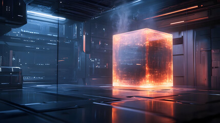 Poster - Futuristic glowing cube in a high-tech room with smoke and dim lighting.