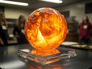 Poster - A stunning orange glass sphere showcasing intricate patterns, illuminated on a countertop with blurred background figures.