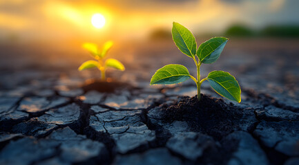 close-up of two young plants sprouting from dry, cracked soil, representing hope, growth, and resili