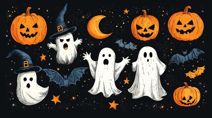 Fototapete - Vector design of Halloween celebration featuring a lively mix of pumpkins ghosts bats and witches all on a spooky dark background with festive elements and a touch of magic