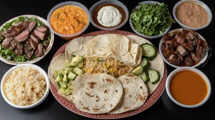 Top down view of a table full of Mexican tacos with lots of side dishes and sauces