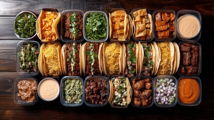 Top down view of a table full of Mexican tacos with lots of side dishes and sauces