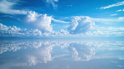 Mirror-like reflections of the sky and clouds on the flooded surface of Salar de Uyuni, creating an infinite view of heaven meeting the earth in stunning symmetry.