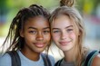 © Rising Monk - Two Student teenager girls from different races outside high school. Portrait of multiracial female friends in a playground, Generative AI