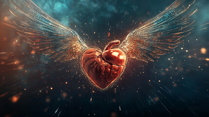 Wall Mural - The heart. A human heart with wings flying in a digital landscape. Dark background. Freedom and technology. Ethical implications of bio-drones. 