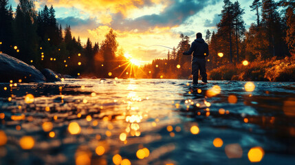 A fisherman standing in thigh-high water, casting his fly fishing rod under the afternoon sun