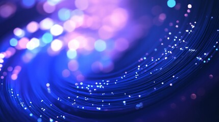 Wall Mural - curved glowing fiber optic cables with bokeh light effects in blue and purple hues, representing dat