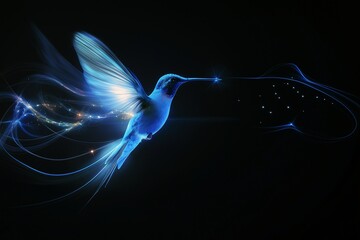 Wall Mural - glowing blue digital hummingbird with light trails on a black background, symbolizing speed, technol