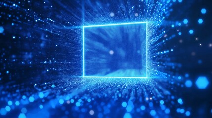 Wall Mural - glowing blue digital frame with dynamic light particles radiating outward, featuring copy space in t