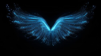 Wall Mural - glowing digital blue wings composed of fine light particles on a black background, symbolizing techn