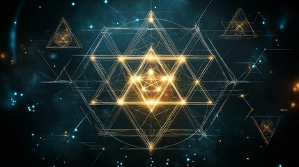 Wall Mural - glowing geometric triangles forming a star pattern in a futuristic design on a dark cosmic backgroun