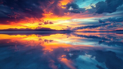 Salar de Uyuni during the rainy season, where the shallow water turns the salt flats into a massive mirror, reflecting the vibrant colors of the sunset.