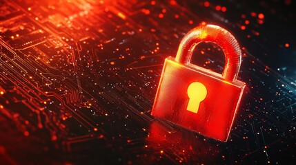 Poster - Red Digital Lock on Circuit Background. Privacy, Cybersecurity, Data Protection Concept.