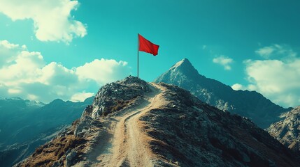 Wall Mural - A winding dirt road leads up to a red flag atop a mountain, with more mountains in the background.