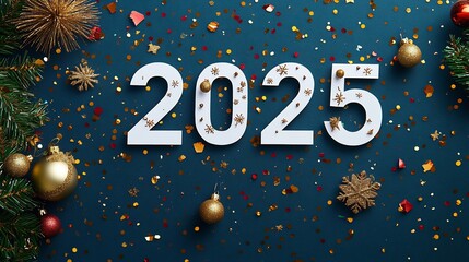 Poster - White paper 2025 numbers adorned golden Christmas decorations and vibrant confetti against a rich dark blue background perfect for a holiday greeting card design