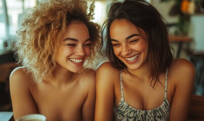 Two women having fun at a coffee shop, Generative AI