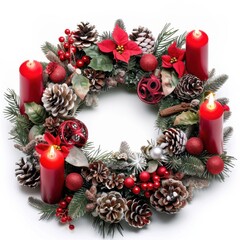 Wall Mural - A Christmas wreath made with pine cones and red balls and red candles.