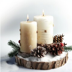 Wall Mural - Christmas candles with fir branches and pine cones on a white background.