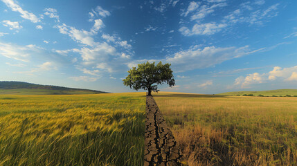 Wall Mural - Vibrant field with wild grass on one side and a dry and cracked surface on the other and highlighting a single tree in the center and split screen illustrating different time periods 