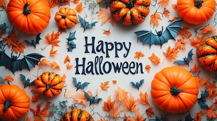 Poster - Banner with Happy Halloween text surrounded by festive pumpkins and flying bats