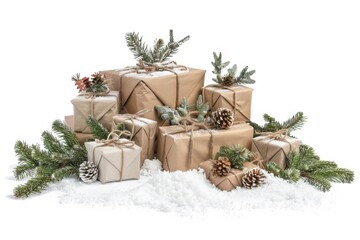 Wall Mural - Many gift boxes tied ribbons and paper decorations with pine cones on snow.