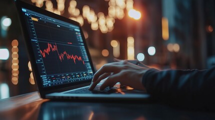 Poster - individual analyzing trading charts on a laptop during an evening in a vibrant urban setting with ci