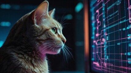 Curious cat observing futuristic technology on computer screen in neon light