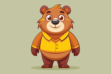 Canvas Print - A charming grizzly bear character in a yellow shirt smiles happily, embodying fun and friendship in the woods, a cartoon character of a Charming grizzly bear cartoon