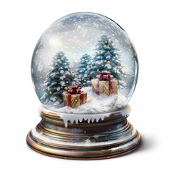 A Christmas snow globe with trees and two presents on the snow.