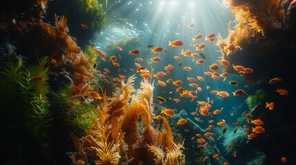 Wall Mural - A school of fish swimming in a coral reef