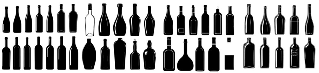 Symbols for alcoholic drink bottles, isolated vodka, whiskey, cider, tequila, bourbon, whiskey and wine bottles.