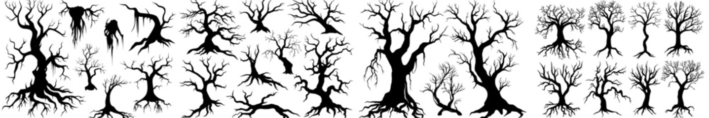 The isolated silhouettes of dead trees demonstrate an ecological problem, plants with rough bark, dead forest symbols, and bare branches with no leaves.