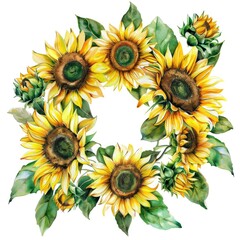 Wall Mural - Bright Sunflower Wreath on White Background. Vibrant Summer Floral Design