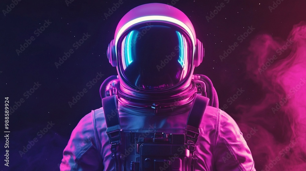 A psychedelic astronaut in a retro style, surrounded by neon light in ...