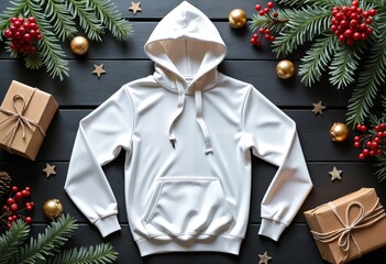 christmas gift wrapping and white hoodie on a wooden background