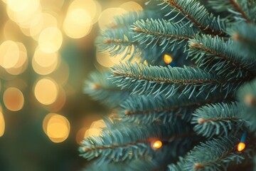 Close-up view of a Christmas tree background, copy-space , blur bokeh with generative ai