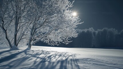 Winter night scene, moonlight reflecting off the snow, frosted trees casting shadows, clear sky