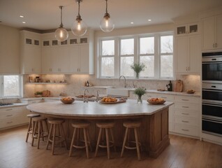 A kitchen with dining room interior design 3d illustration template and interior rendering mockup template.