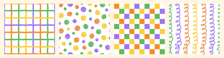 Wall Mural - colorful seamless pattern set of hand drawn curved checkered lines, polka dots and strip. trendy des