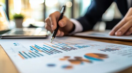 Poster - A business professional analyzes financial graphs and charts during a meeting in a modern office setting