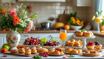 Bright kitchen display of assorted pastries, fresh fruit, and drinks adorned with elegant floral arrangements