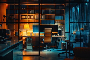Poster - Modern office interior at night, illuminated by warm lighting, creating a cozy and productive atmosphere